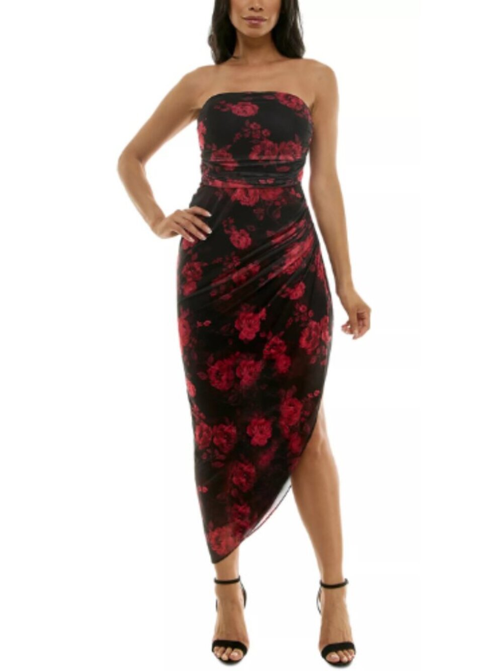 Emerald Sundae Black Red Floral Strapless Asymmetric Midi Dress Size XXS 2XS NWT